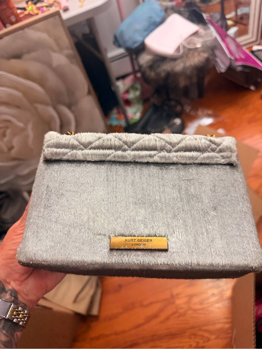 Kurt Geiger Silver Quilted Mini Crossbody with Embroidered Eye - Picture 3 of 7